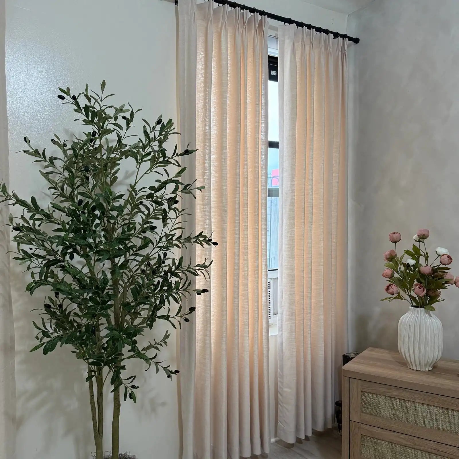 Vanilla Cream Jasper Dotted Linen Blend Curtains on home office window, modern olive tree decor