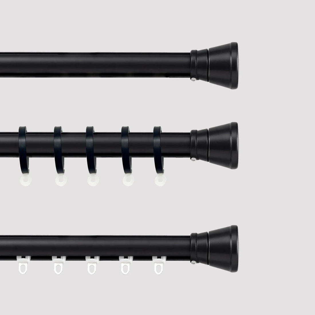Black Tagore Custom Traverse Rods displaying three different curtain track styles and hardware options