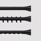 Black Tagore Custom Traverse Rods displaying three different curtain track styles and hardware options