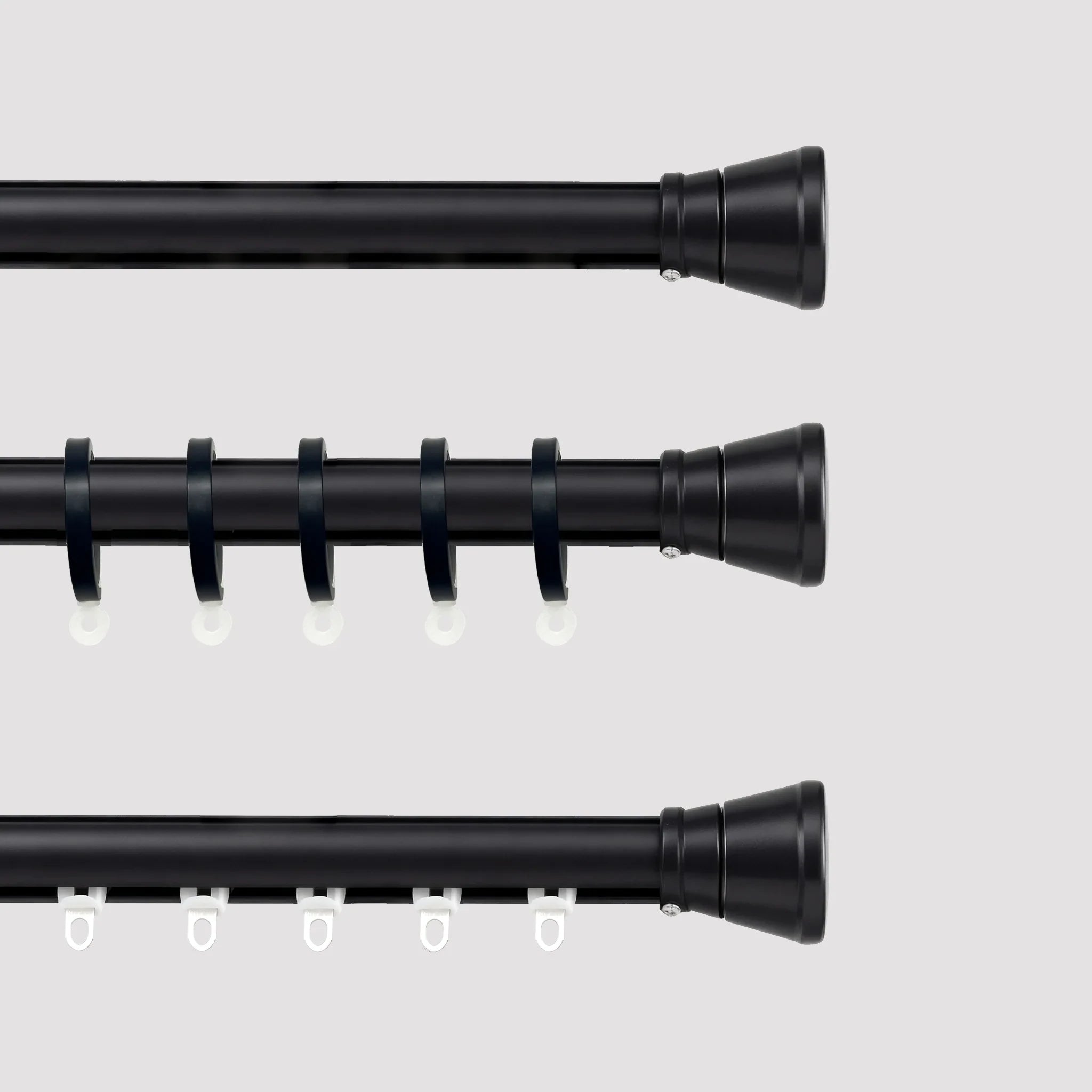 Black Tagore Custom Traverse Rods displaying three different curtain track styles and hardware options
