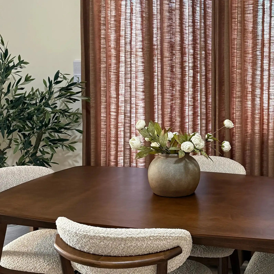 Minimalist wooden dining set paired with warm Rusty Brown Jasper Dotted Linen Blend Curtains