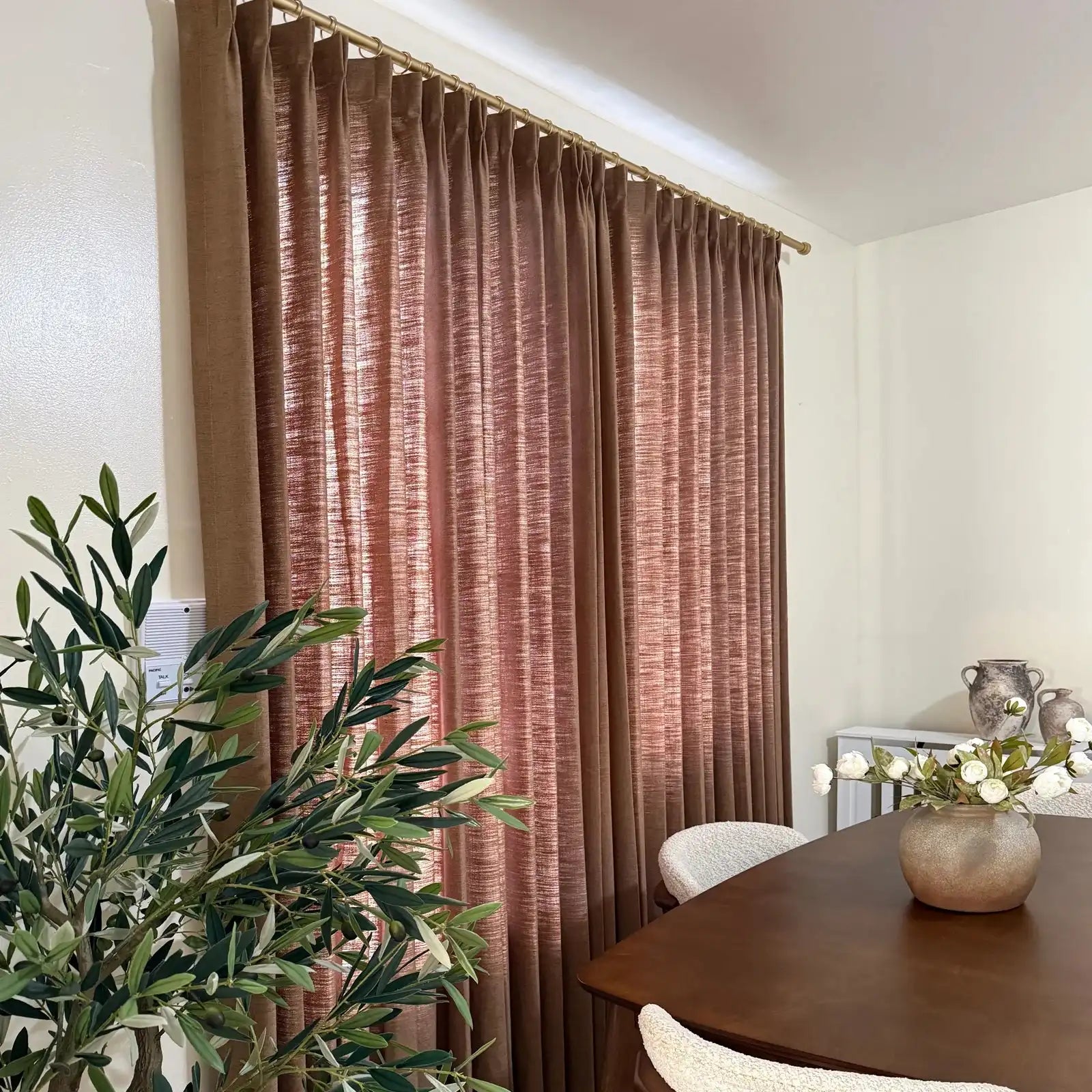 Luxury pinch pleat drapery with Rusty Brown Jasper Dotted Linen Blend Curtains for interior styling