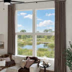 Beautiful puddling drapery of heavy blend Coffee John Linen Texture Cotton Curtains on a bright wooden floor