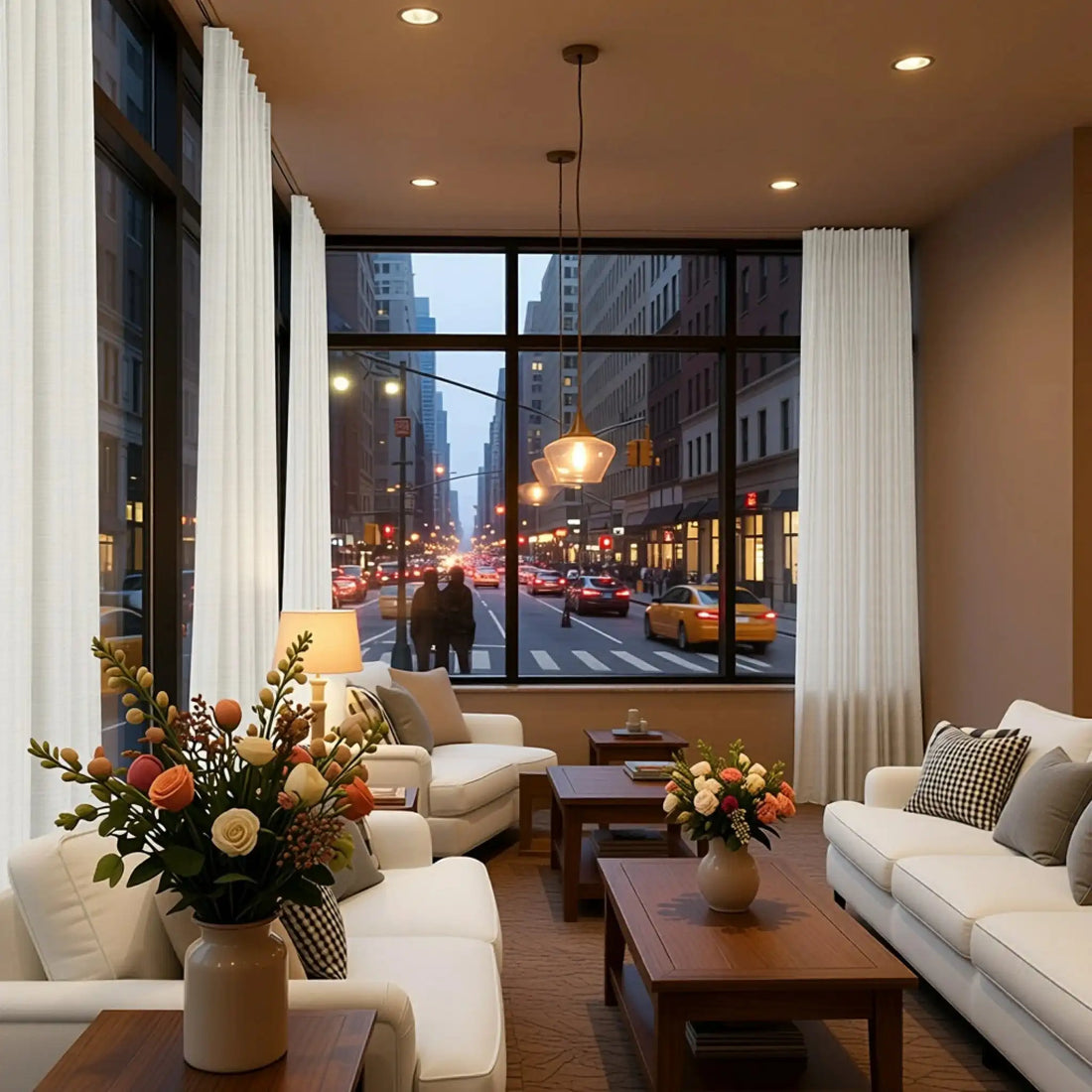 Elegant lounge space featuring White John Linen Texture Cotton Curtains framing an urban city view
