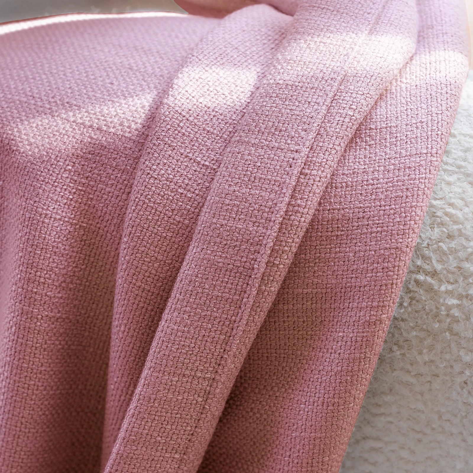Close up material shot of Pink John Linen Texture Cotton Curtains highlighting the premium heavy weight texture
