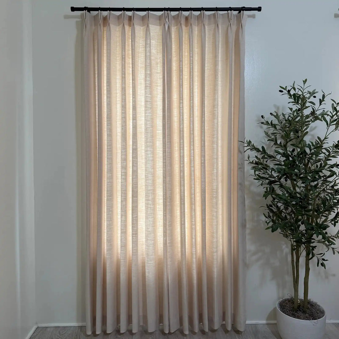 Full length Jasper Dotted Linen Blend Curtains in Vanilla Cream, black drapery rod, minimalist room