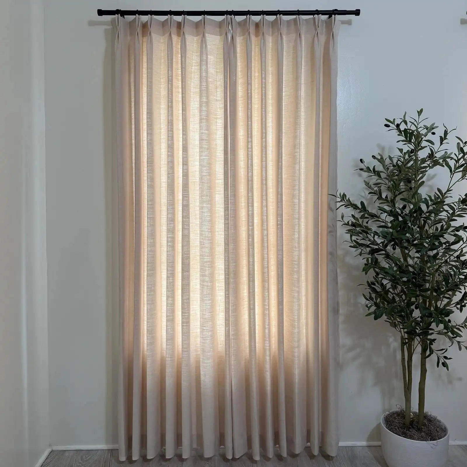 Full length Jasper Dotted Linen Blend Curtains in Vanilla Cream, black drapery rod, minimalist room