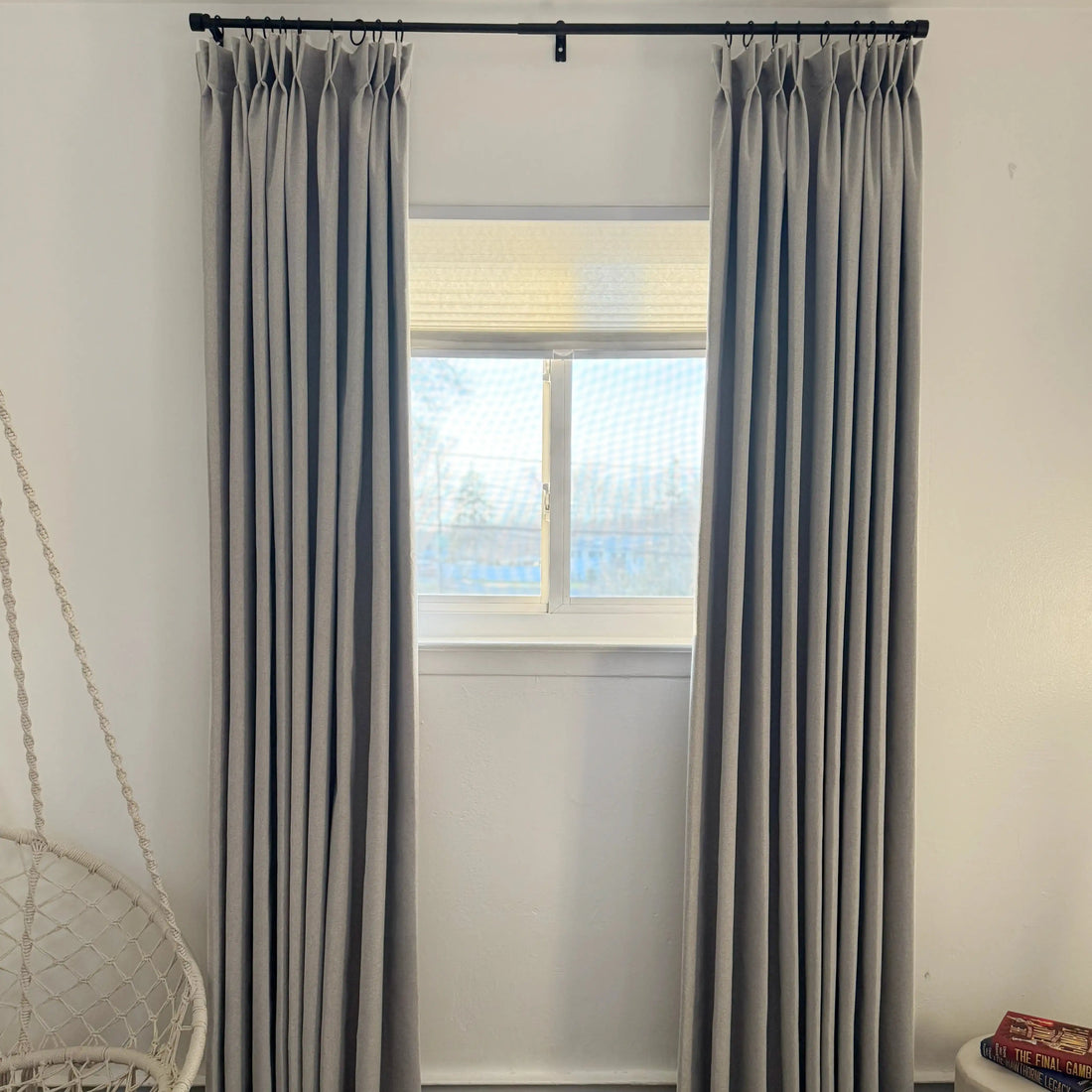 Custom tailored Natural Beige Orion Linen Look Blackout Curtains with pinch pleat heading style