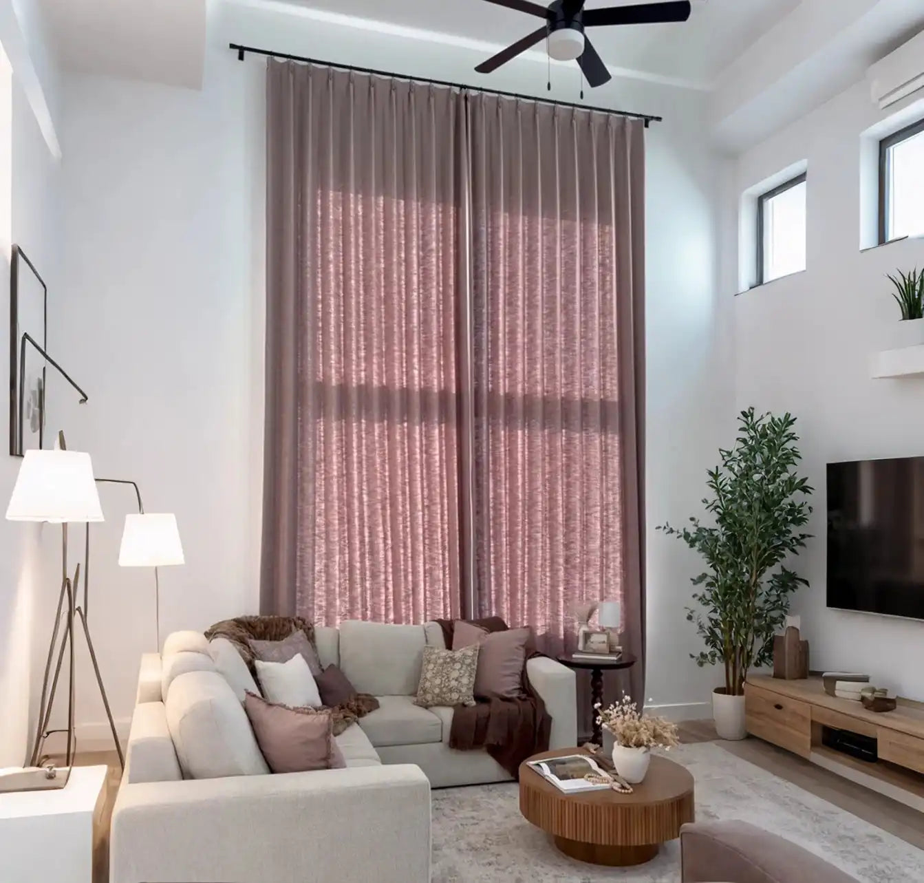 Close up of Coffee John Linen Texture Cotton Curtains heading construction on a black curtain rod
