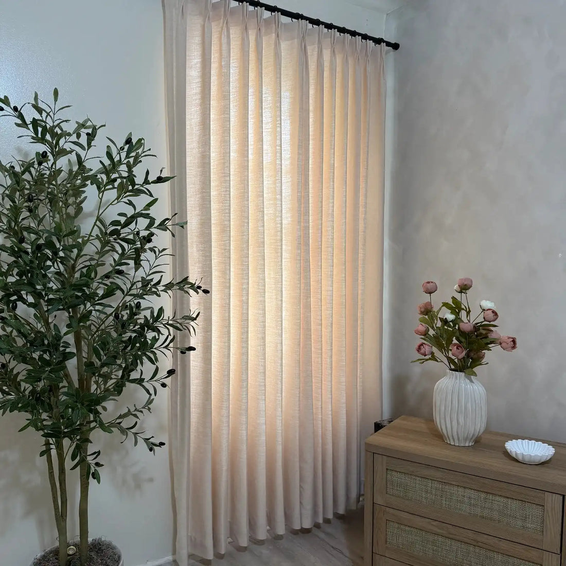 Jasper Dotted Linen Blend Curtains in Vanilla Cream with black curtain rod, bedroom window decor