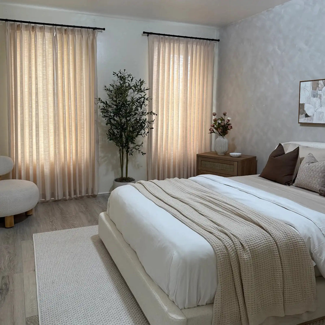 Vanilla Cream Jasper Dotted Linen Blend Curtains in modern bedroom, cozy neutral bedding decor