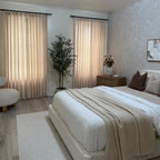 Vanilla Cream Jasper Dotted Linen Blend Curtains in modern bedroom, cozy neutral bedding decor