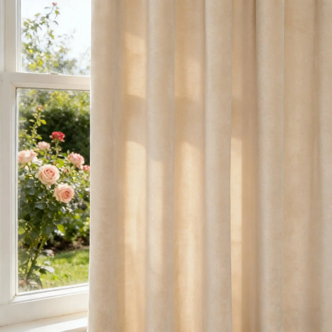 Close-up of beige Adrian cashmere blackout curtains showing their effective light-blocking capability, casting shadows on the plush fabric against a bright window view.