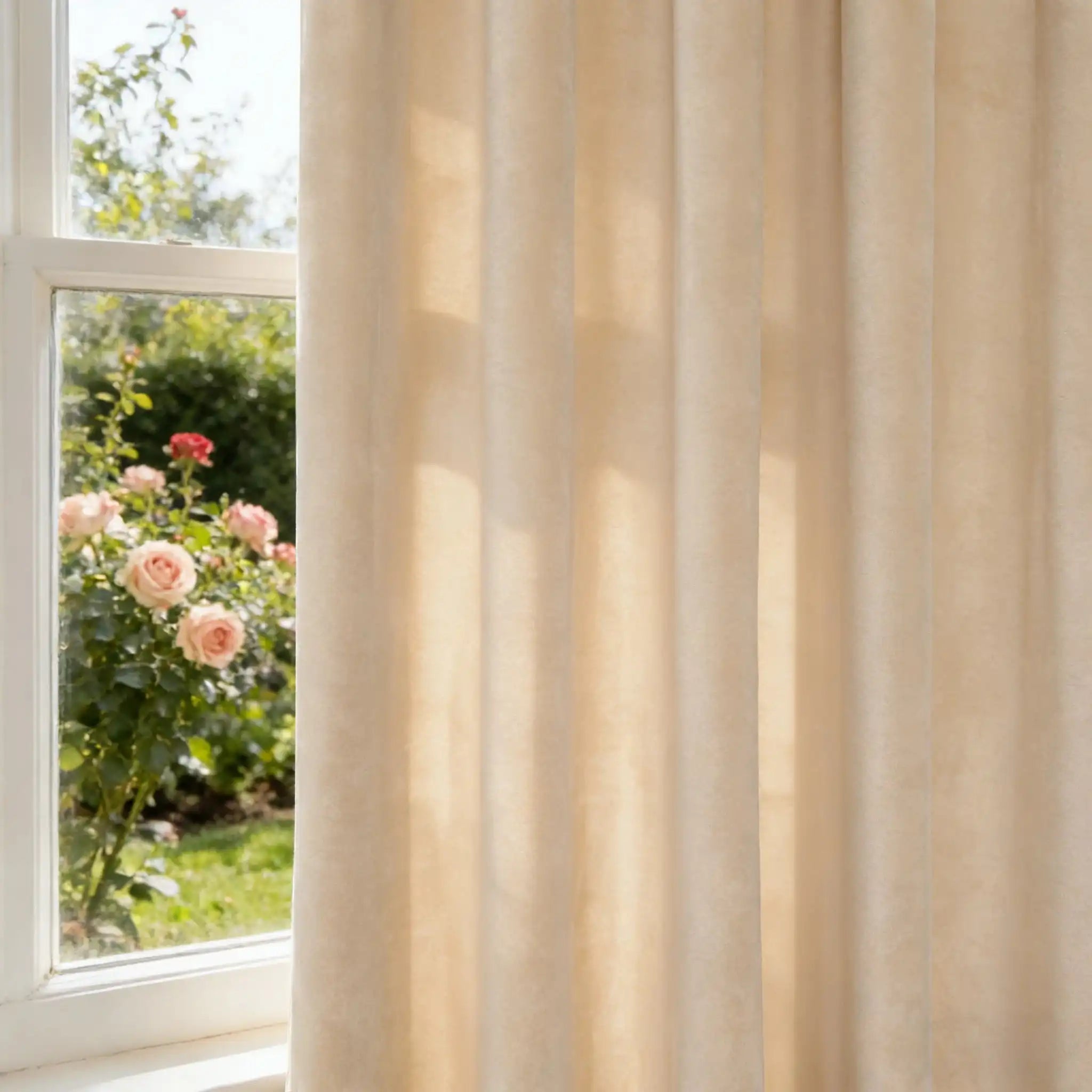 Close-up of beige Adrian cashmere blackout curtains showing their effective light-blocking capability, casting shadows on the plush fabric against a bright window view.