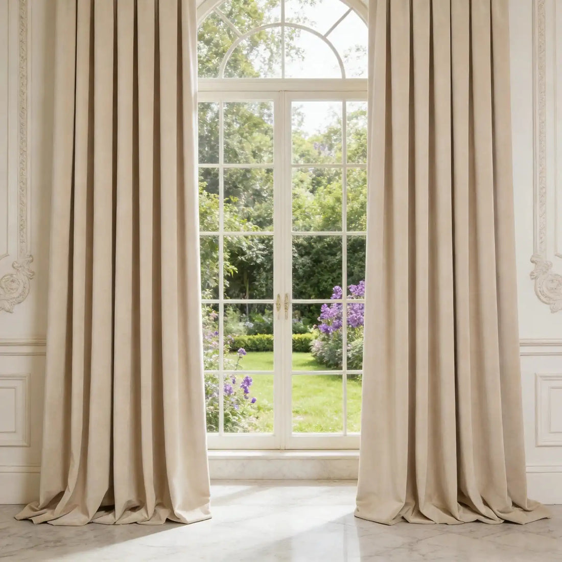 Symmetrical view from a room looking out through tall arched French windows framed by luxurious beige Adrian cashmere blackout curtains.