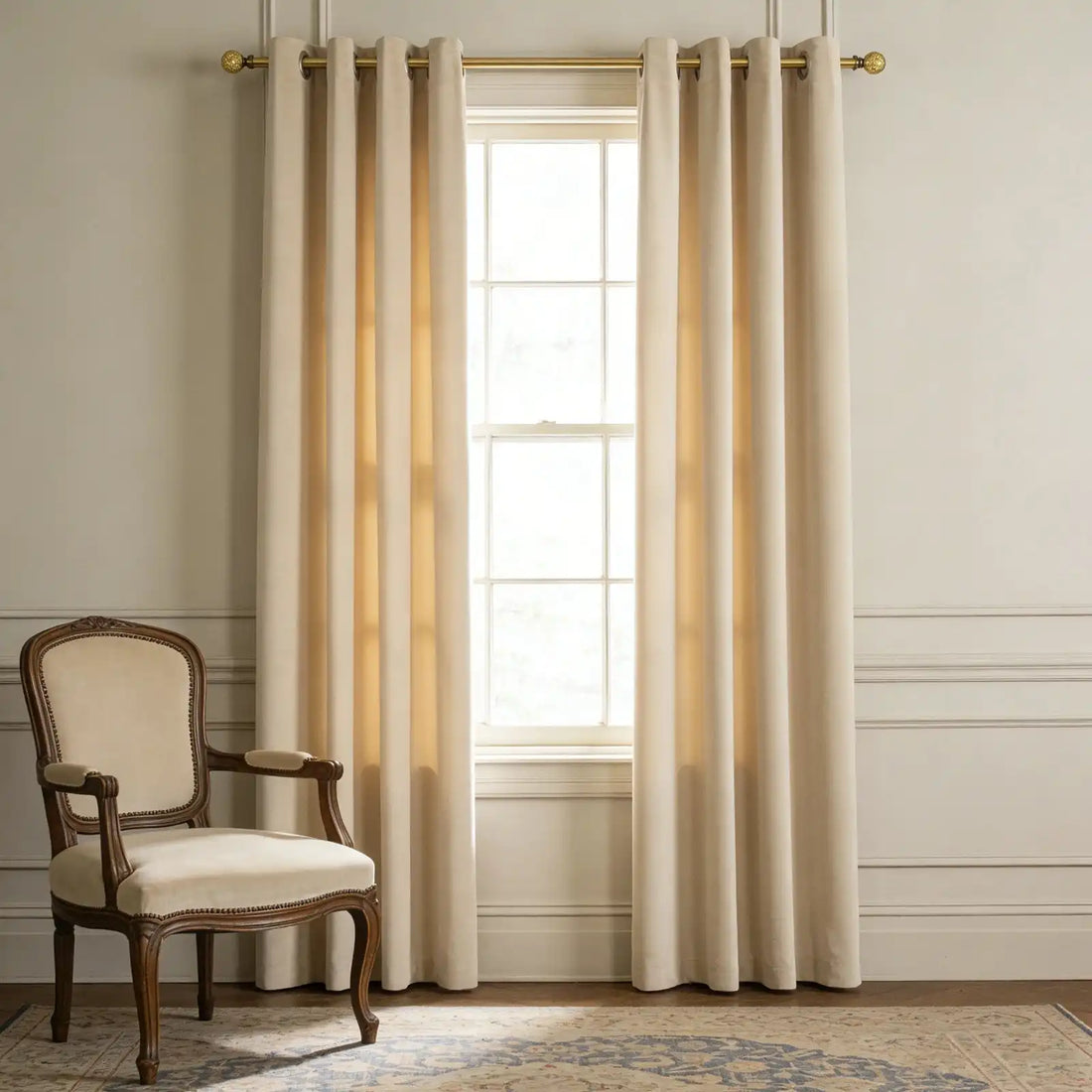 Pair of Adrian beige grommet-top cashmere blackout curtains hanging on a brass rod in a classic living room with an armchair.