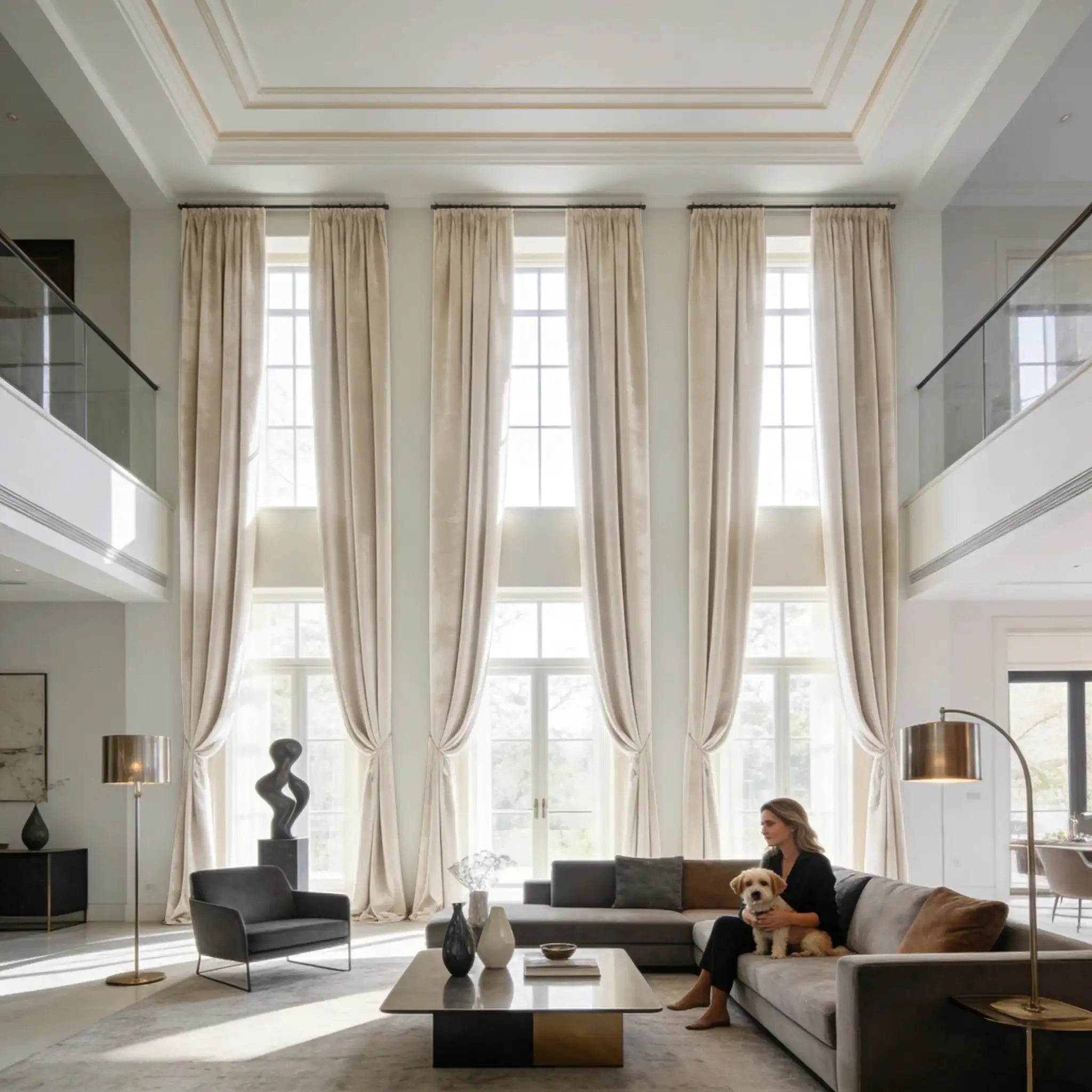 Three pairs of custom Adrian extra long and wide beige cashmere blackout curtains installed in a luxury double-height modern living room with high ceilings.