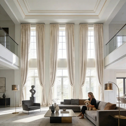 Three pairs of custom Adrian extra long and wide beige cashmere blackout curtains installed in a luxury double-height modern living room with high ceilings.