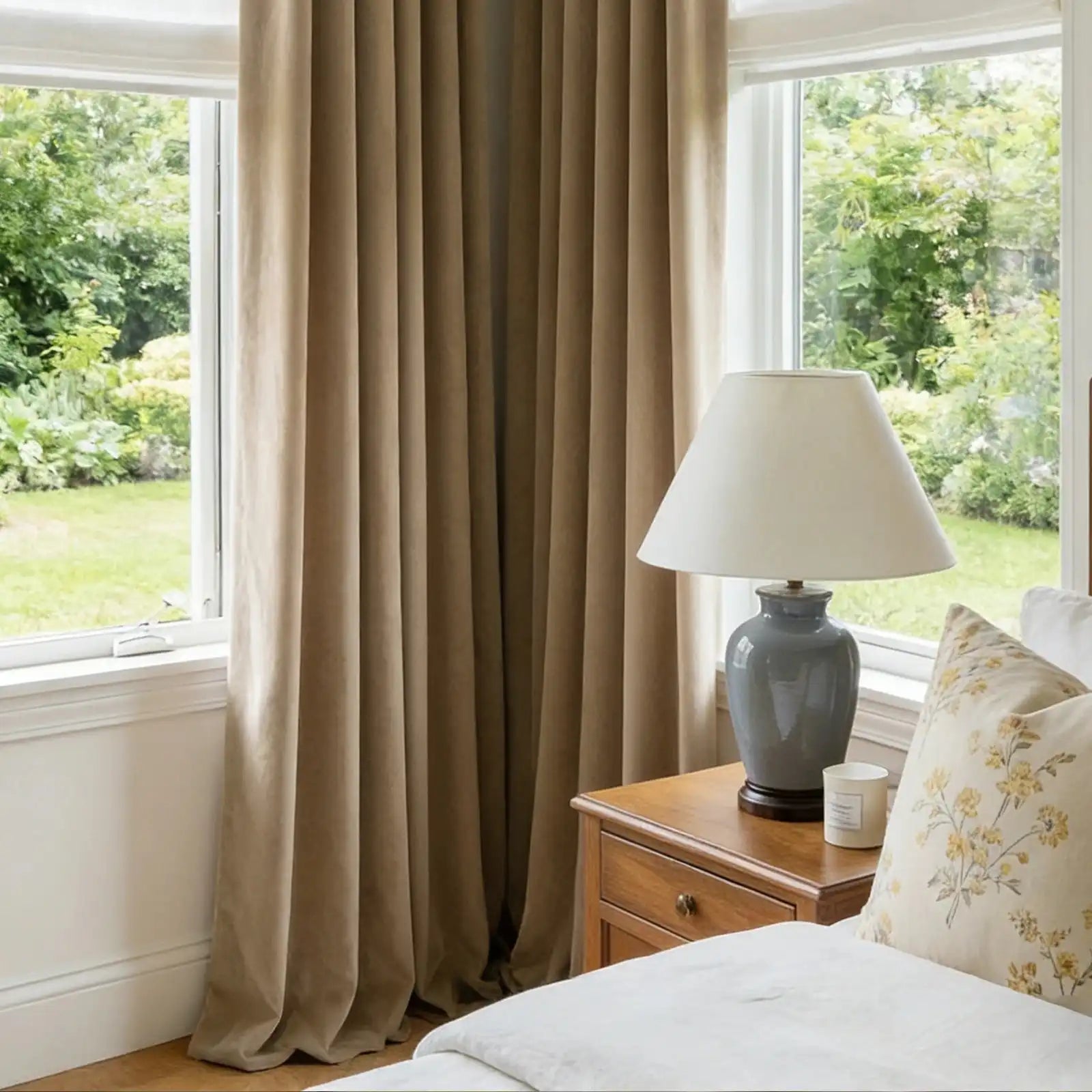 A full-length shot of a beautifully decorated bedroom featuring pairs of Camel Yellow Adrian Cashmere Blackout Curtains framing multiple windows.
