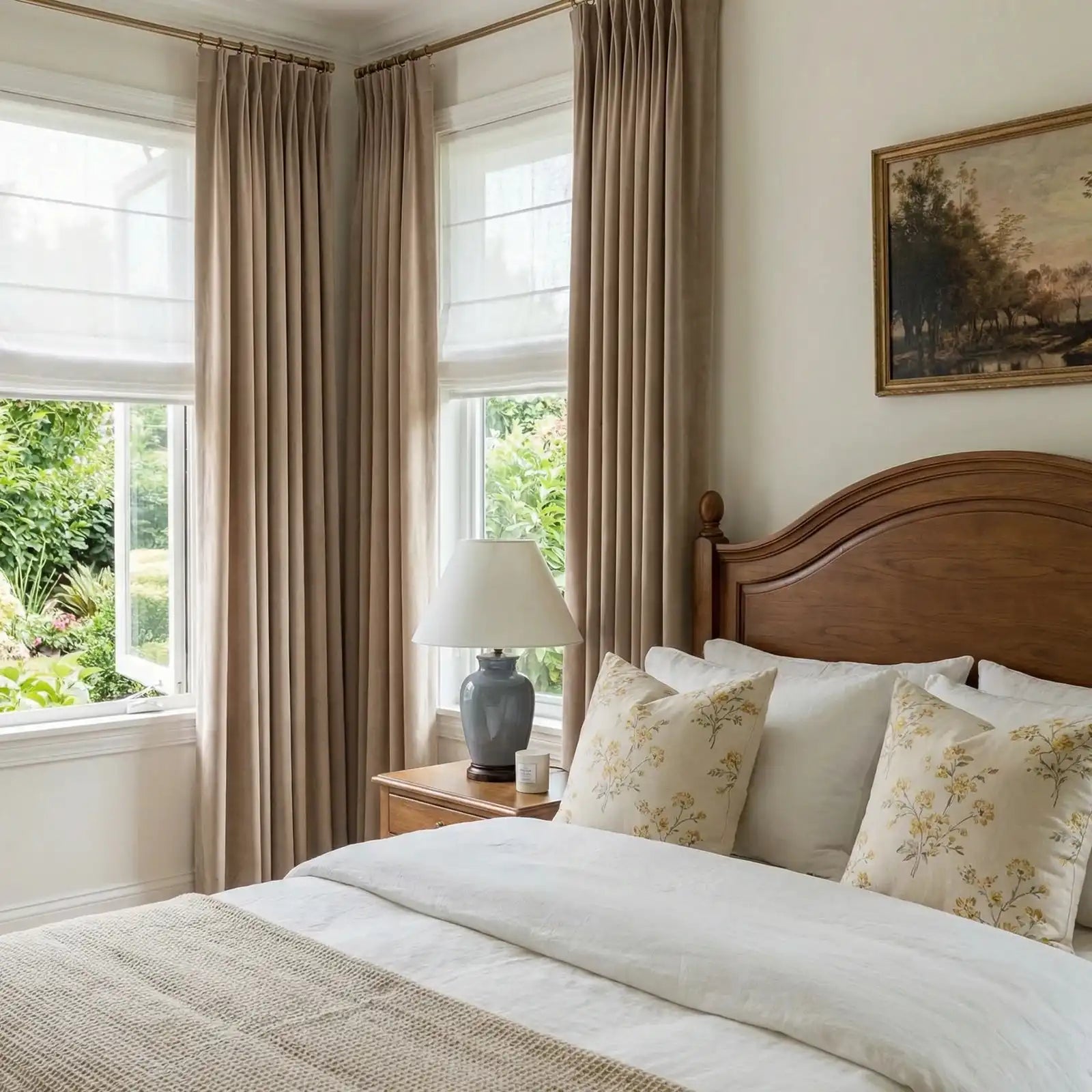 A close-up view of the side of an Adrian Cashmere Blackout Curtain in Camel Yellow, as it hangs from a brass rod, with the window and outdoor foliage visible.