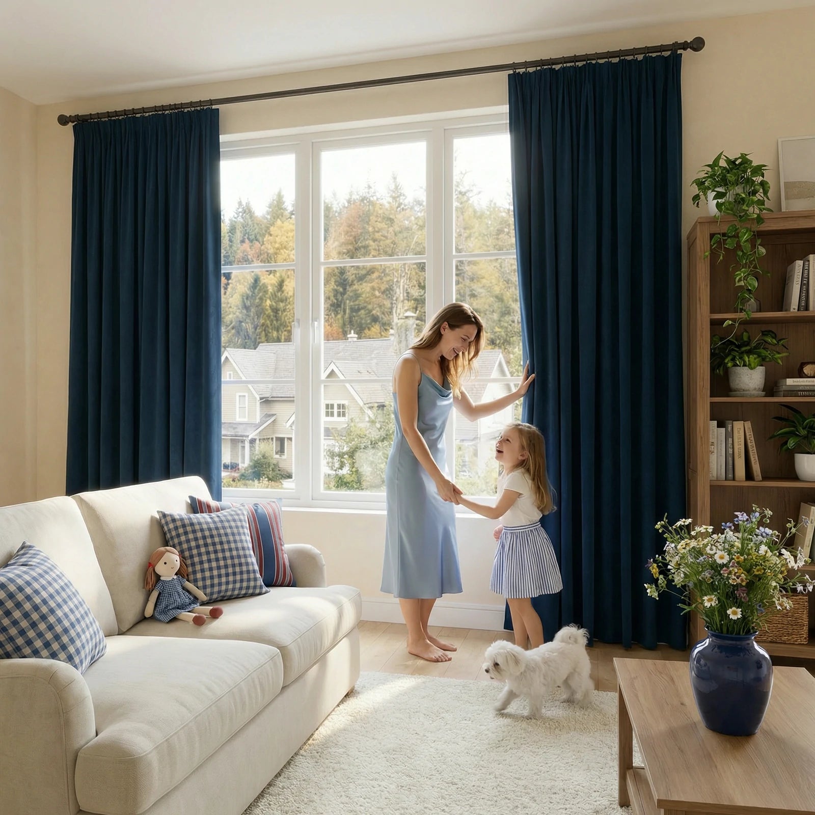 A warm living room scene showing a mother in a light blue dress holding hands with her young daughter on a white rug with a small white dog, while the window is framed symmetrically by two deep sea blue curtain panels.