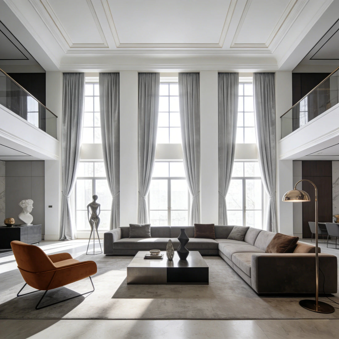 A wide-angle shot of a grand, luxurious living room with high coffered ceilings, showcasing six towering gray curtain panels framing massive windows behind a large gray sectional sofa and a modern orange accent chair.