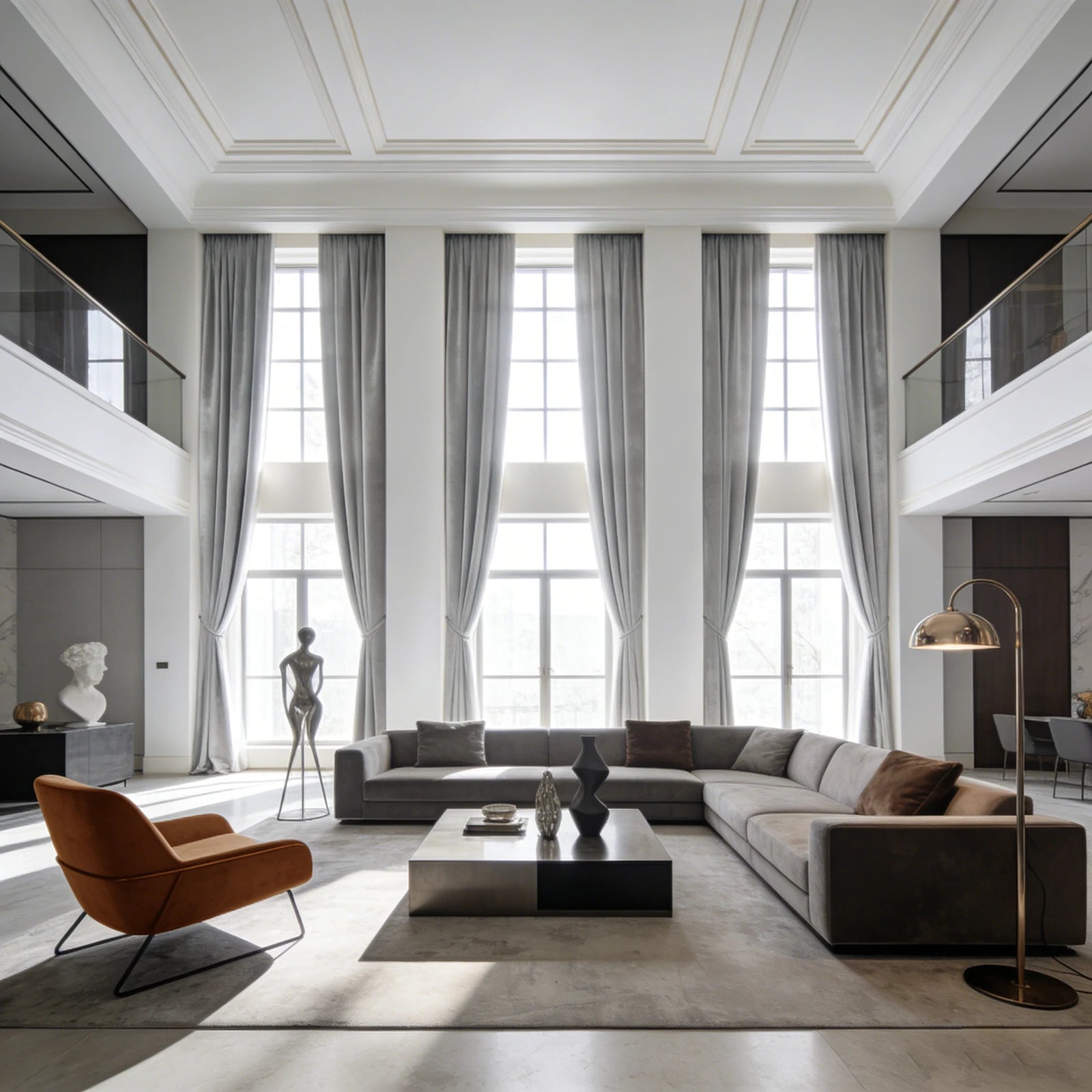 A wide-angle shot of a grand, luxurious living room with high coffered ceilings, showcasing six towering gray curtain panels framing massive windows behind a large gray sectional sofa and a modern orange accent chair.