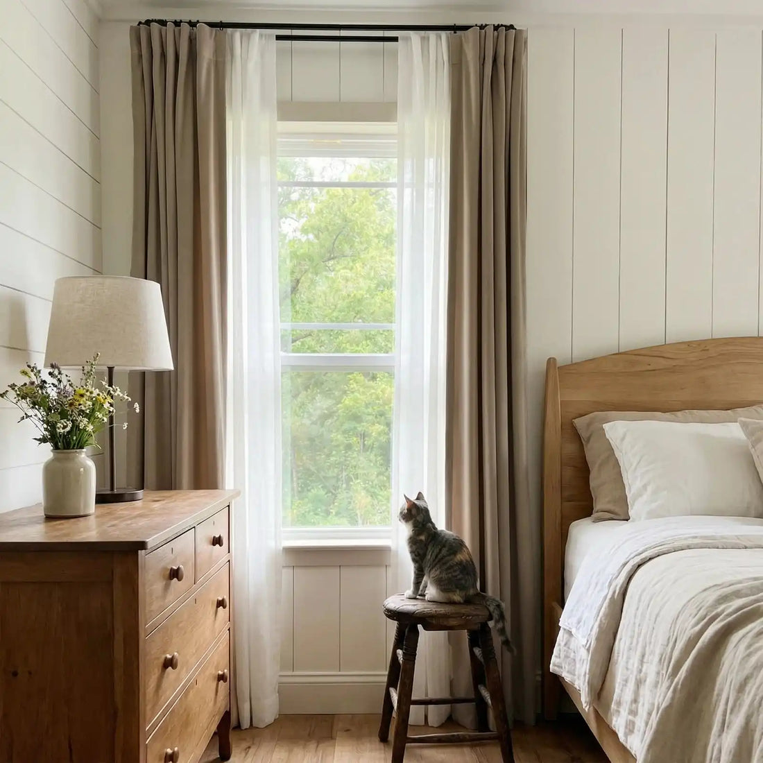 A wide-angle interior shot of a cozy, farmhouse-style bedroom featuring Light Gray-Brown Adrian Cashmere Blackout Curtains paired with sheer white inner curtains, creating a warm and inviting atmosphere.