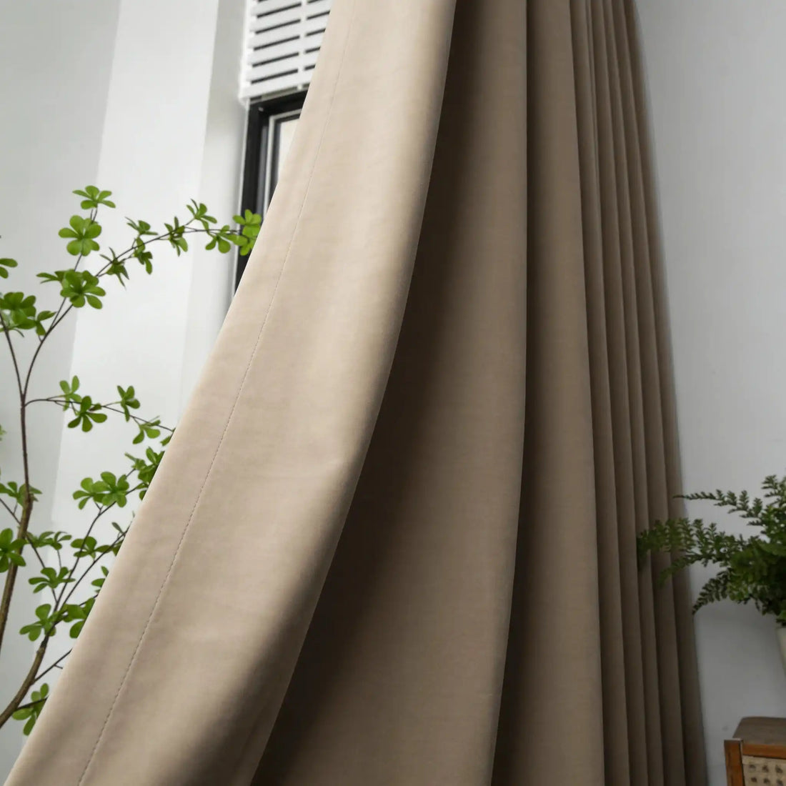 A side-angle view of a Light Gray-Brown Adrian Cashmere Blackout Curtain gently drawn back next to a green houseplant, showcasing its soft draping quality.