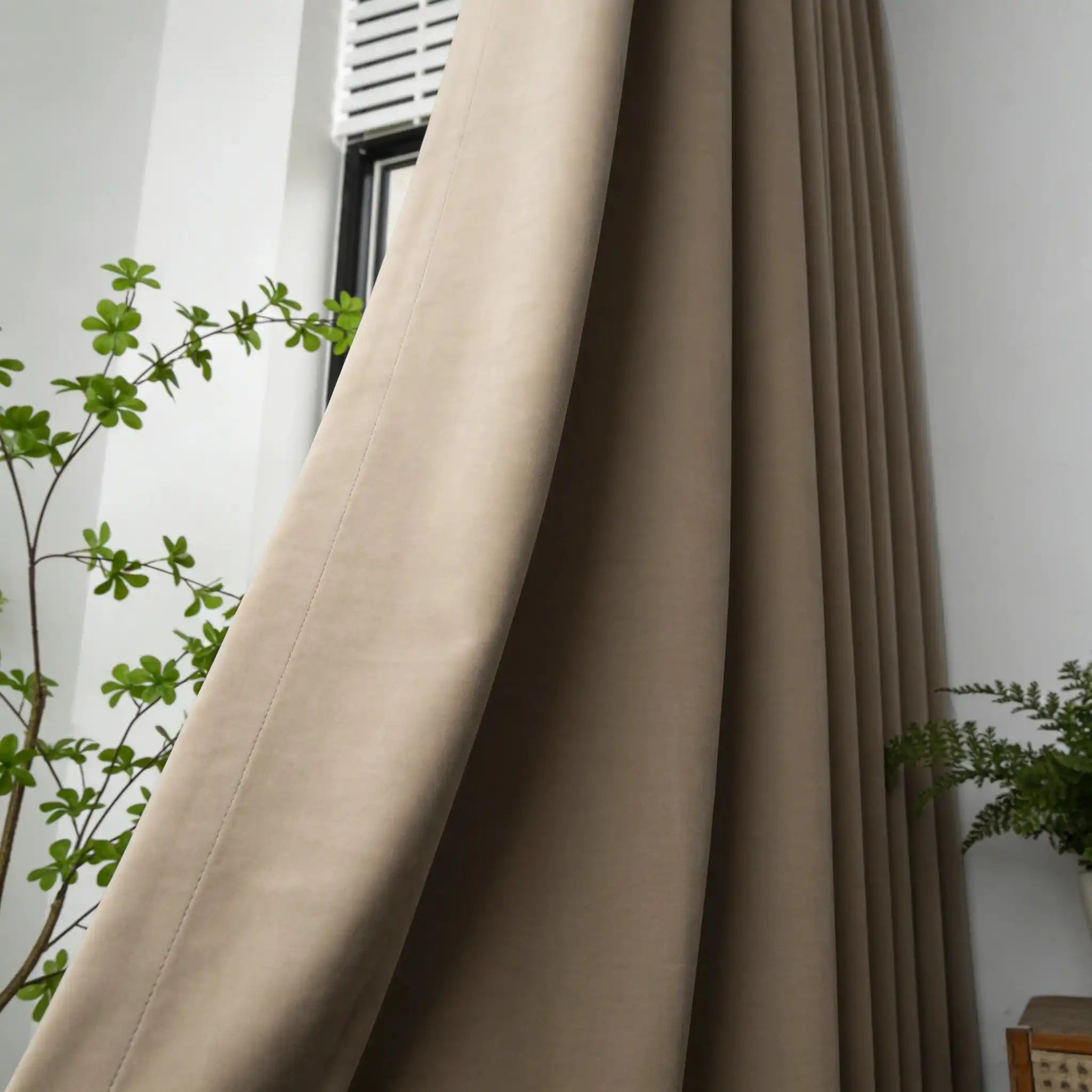 A side-angle view of a Light Gray-Brown Adrian Cashmere Blackout Curtain gently drawn back next to a green houseplant, showcasing its soft draping quality.