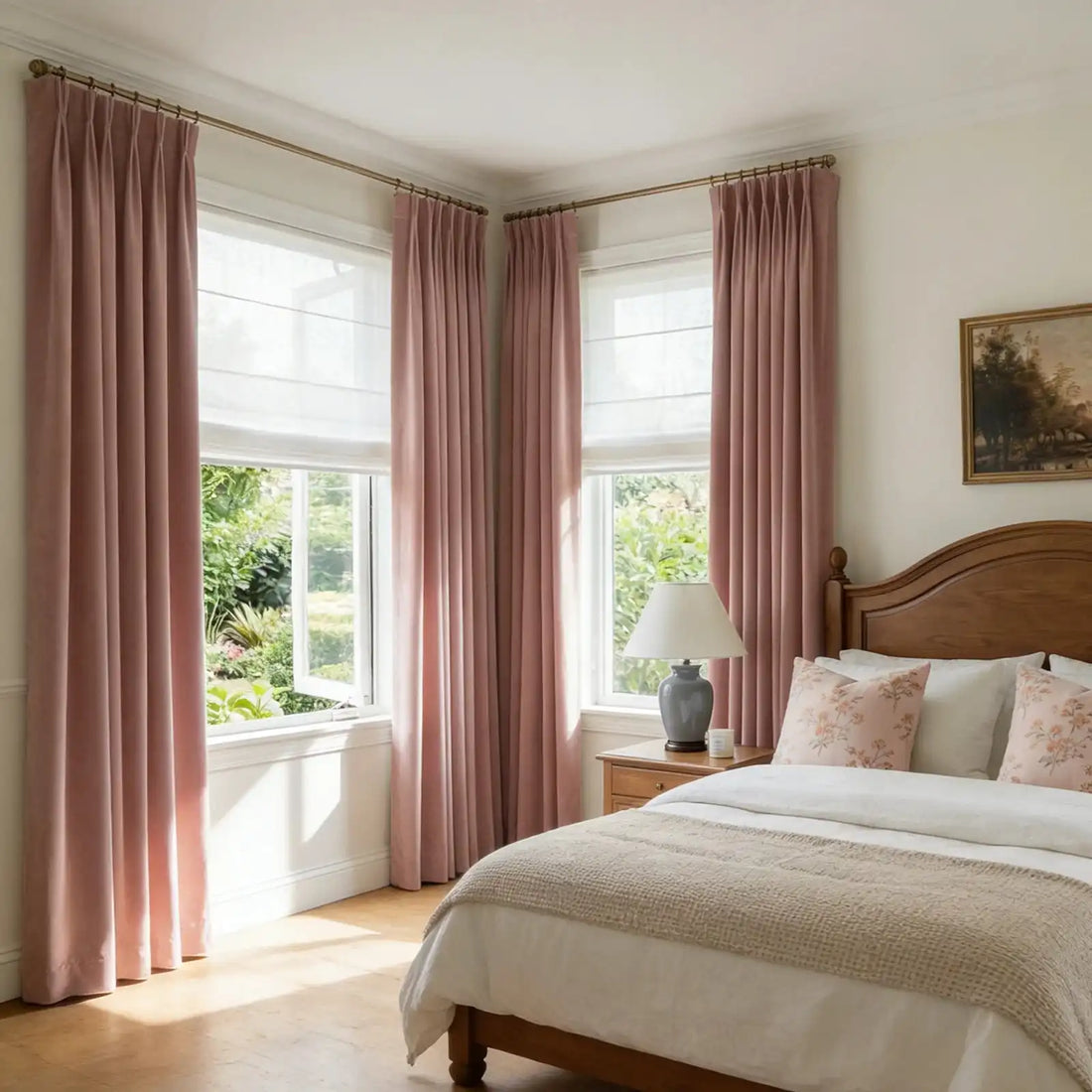 A wide-angle interior shot of the entire bedroom layout, showcasing multiple pink curtain panels framing the windows in a bright, sunlit space.