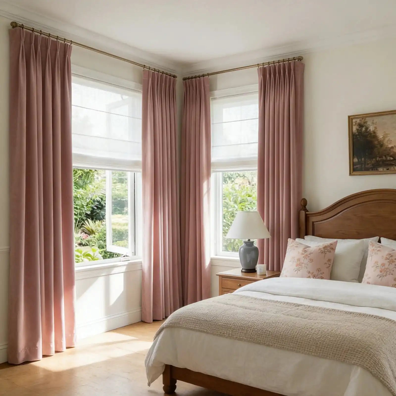 A wide-angle interior shot of the entire bedroom layout, showcasing multiple pink curtain panels framing the windows in a bright, sunlit space.