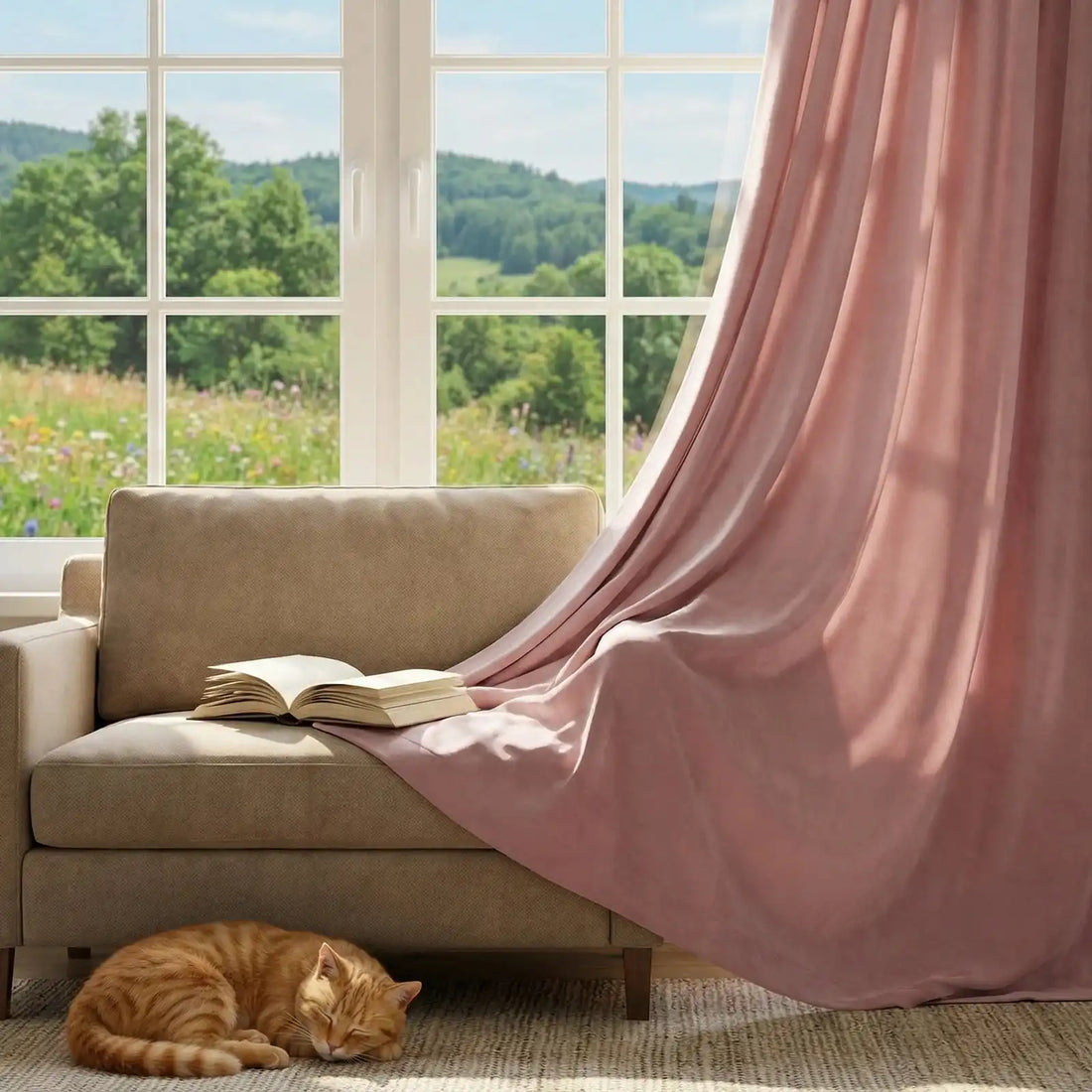 A cozy lifestyle scene featuring a pink curtain panel draped elegantly over a beige sofa by a window, with an open book on the cushion and a ginger cat sleeping on the rug below.