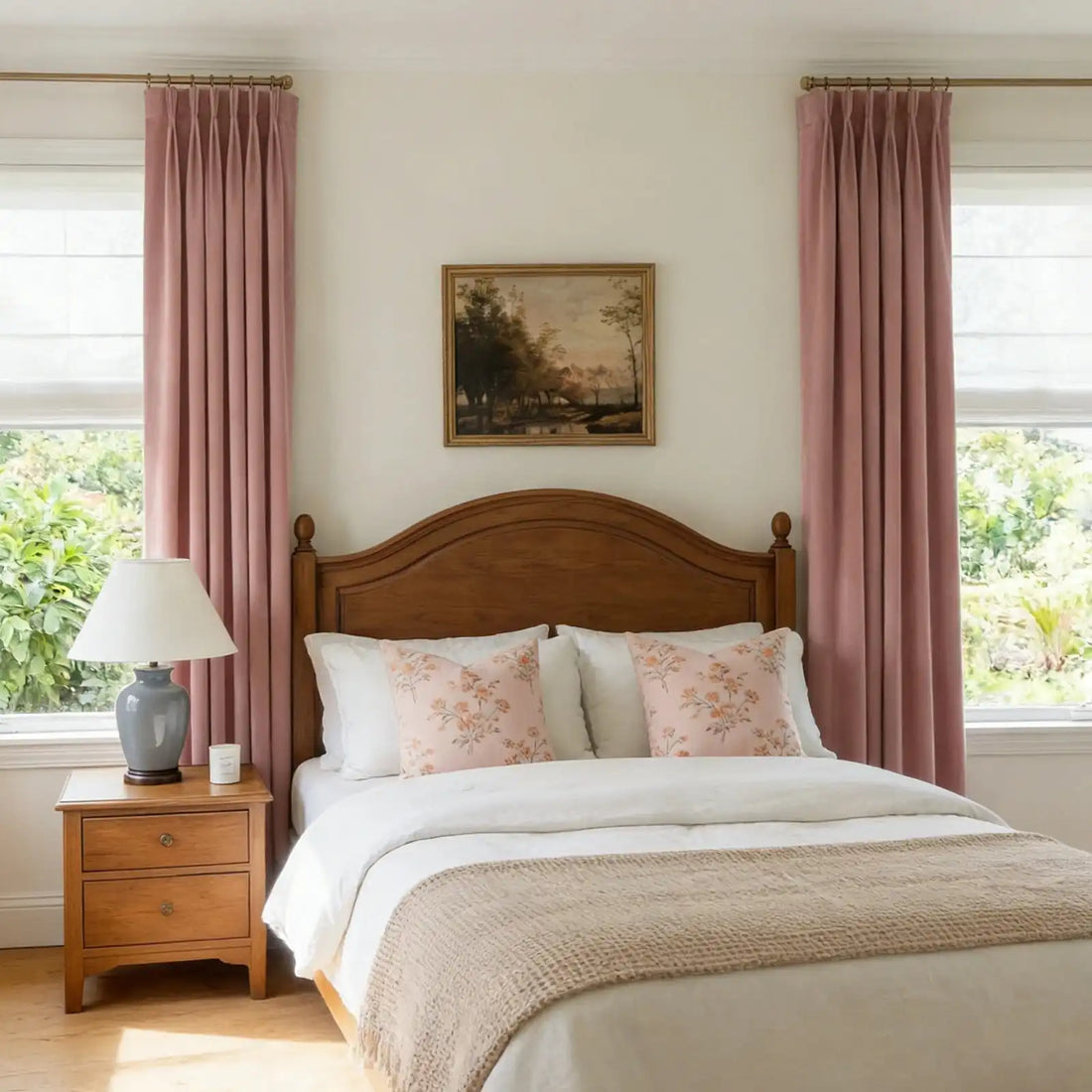 A symmetrical, full-length front view of a classic bedroom setup, where a wooden headboard is flanked perfectly by a pair of elegant pink curtains.