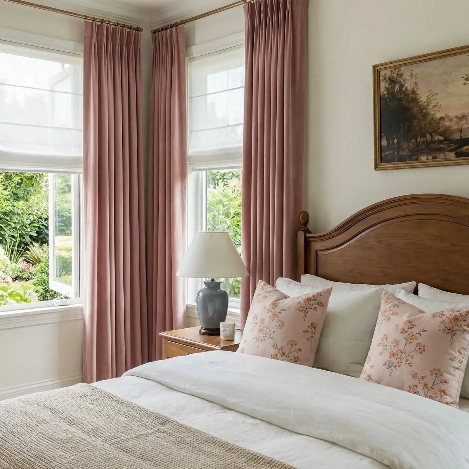 An angled perspective shot of the bedroom corner, showing how the pink curtains frame the windows on adjacent walls to create a cohesive look.