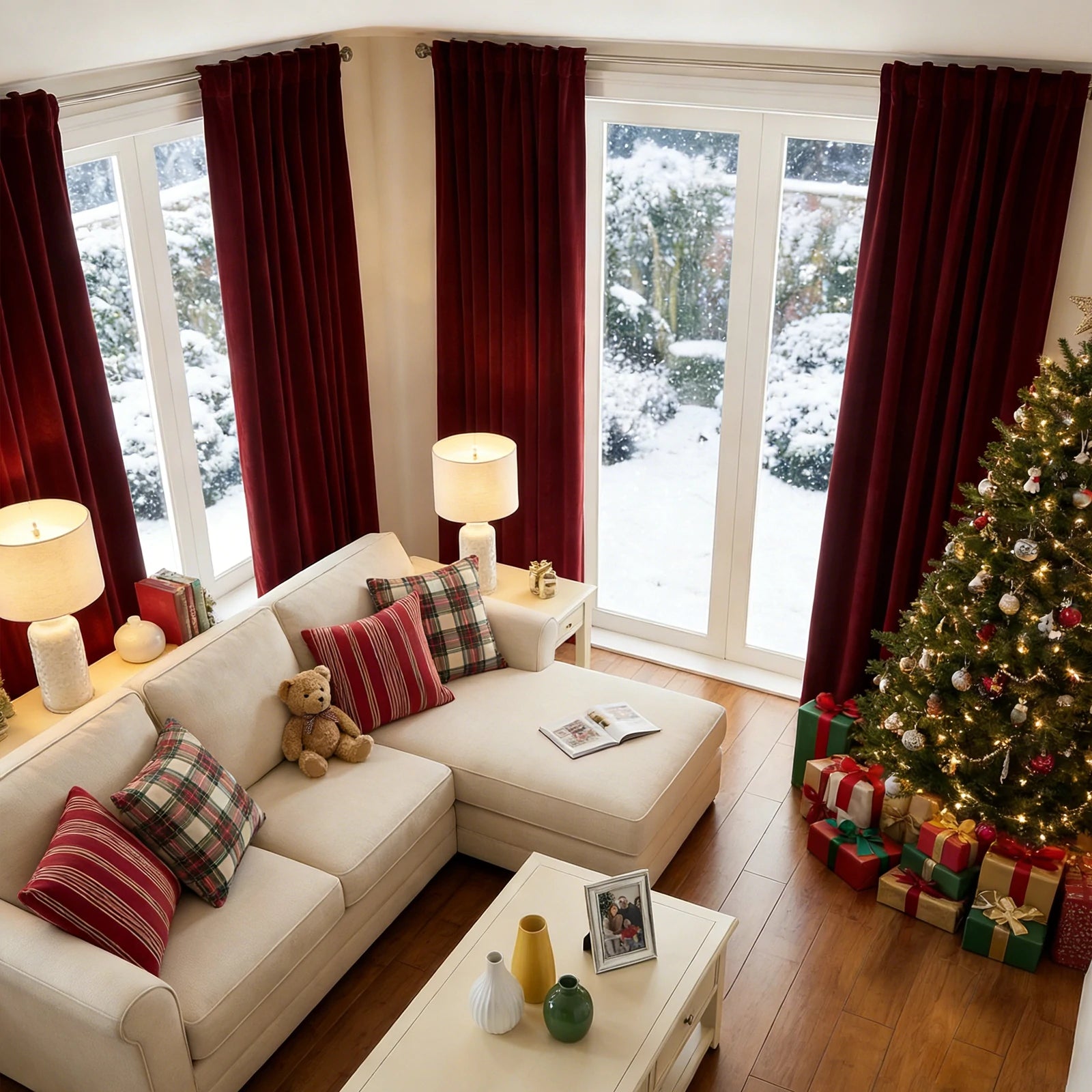A high-angle, bird's-eye overview of the holiday-styled living room, showcasing the full layout of the sectional sofa, Christmas tree, and ruby red curtains.