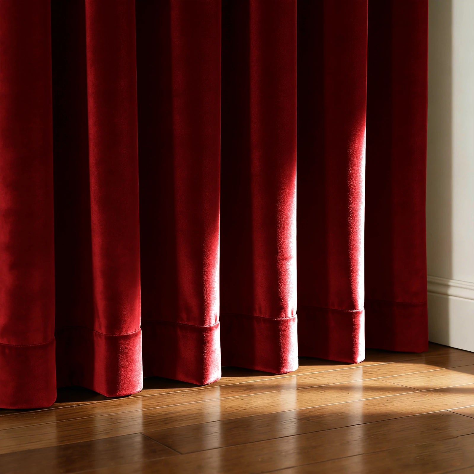 A close-up shot capturing the bottom hem of the ruby red curtains tailored neatly and pooling gently on a polished wooden floor caught in a stream of sunlight.