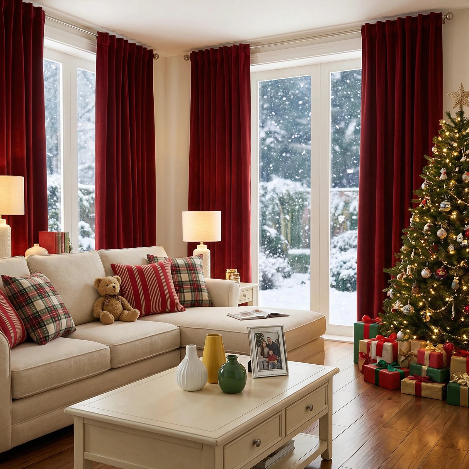 A beautiful, eye-level front view of a cozy, festively decorated living room where elegant ruby red curtains frame large windows overlooking a snowy winter landscape.