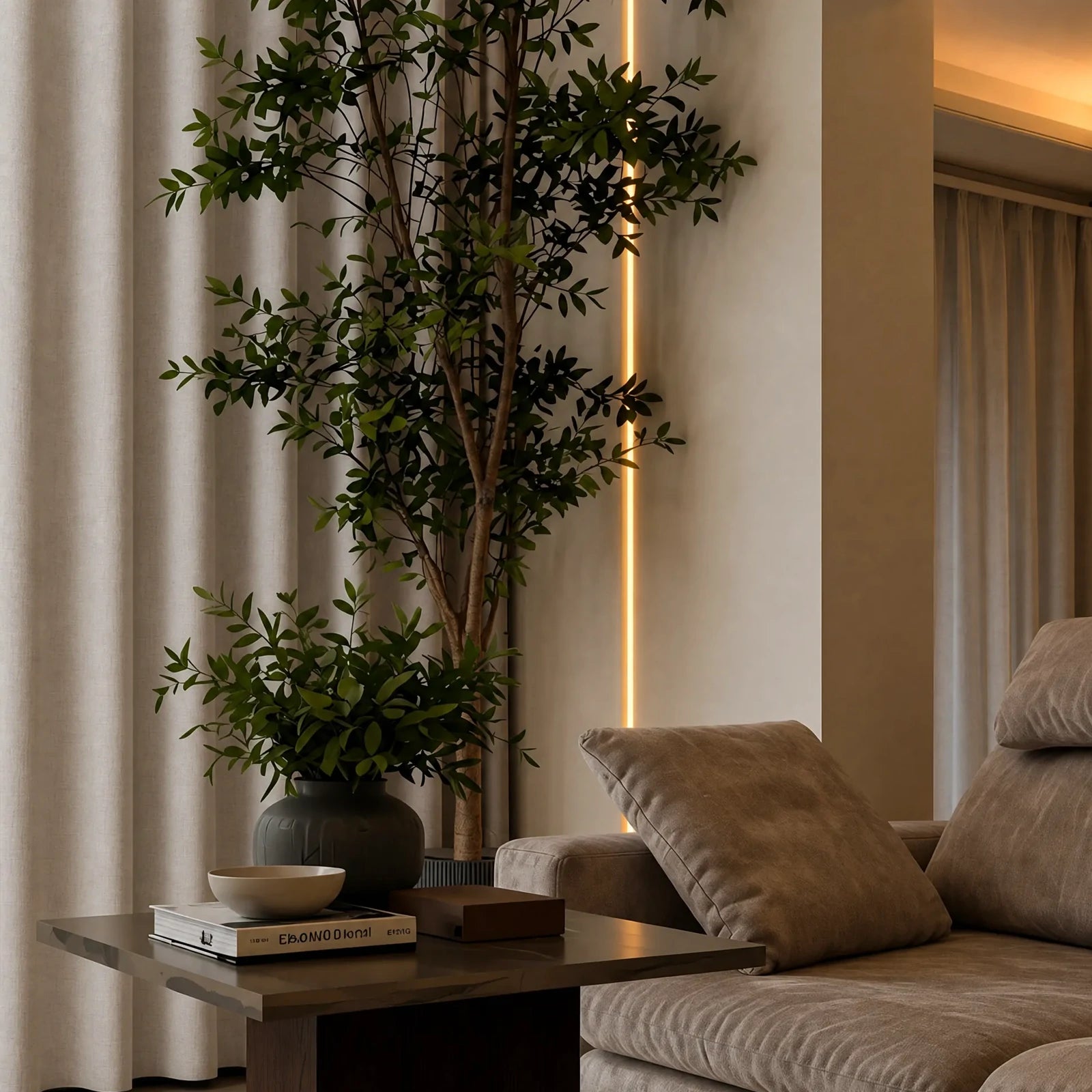 Beige Alex linen-look blackout curtains styled in a warm contemporary living room
