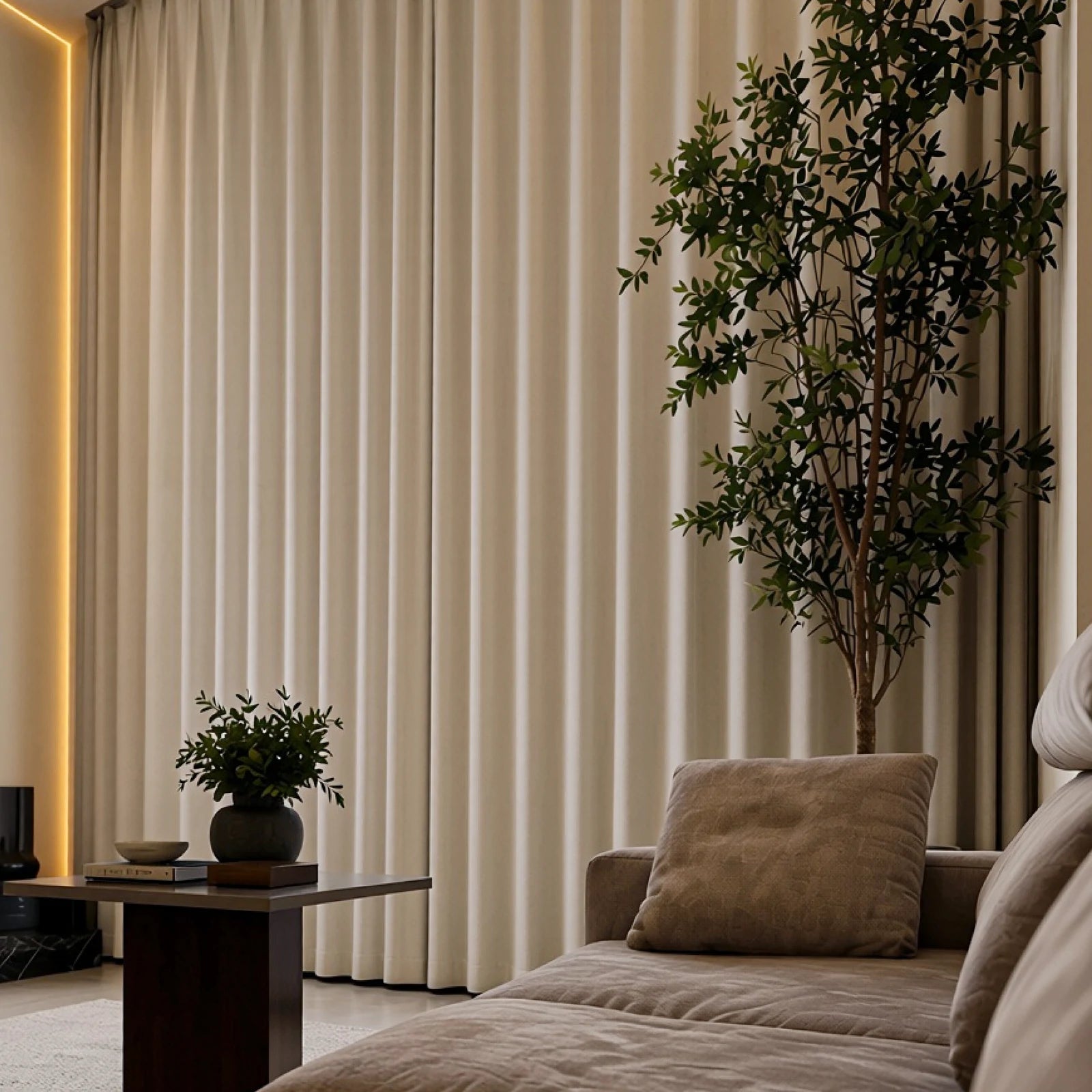 Close view of beige Alex 100% blackout curtains behind a modern sofa and indoor tree