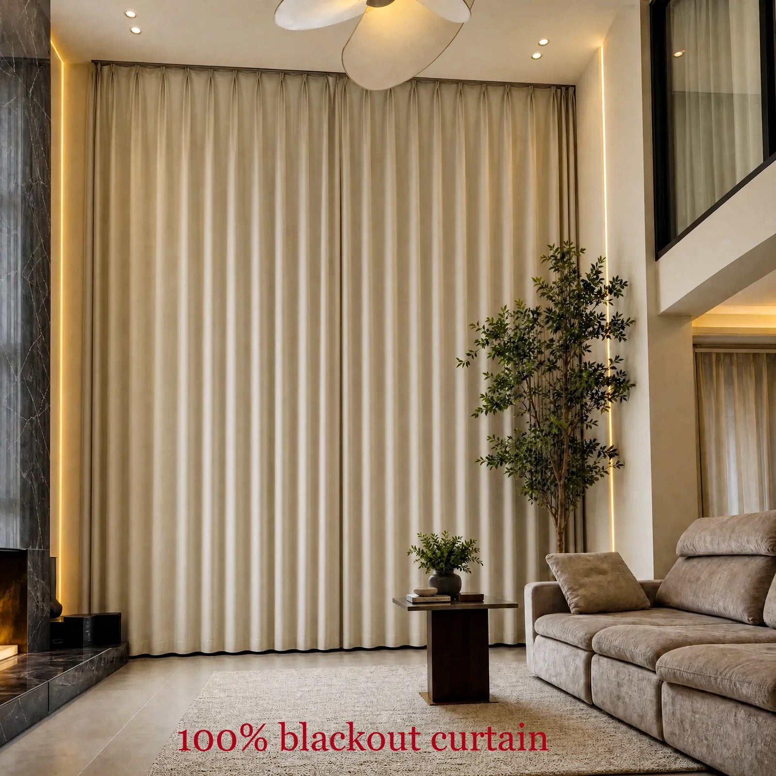 Fully closed beige Alex blackout curtains covering floor-to-ceiling living room windows