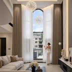 Coffee Alex extra-long blackout curtains framing a luxury room with globe chandeliers
