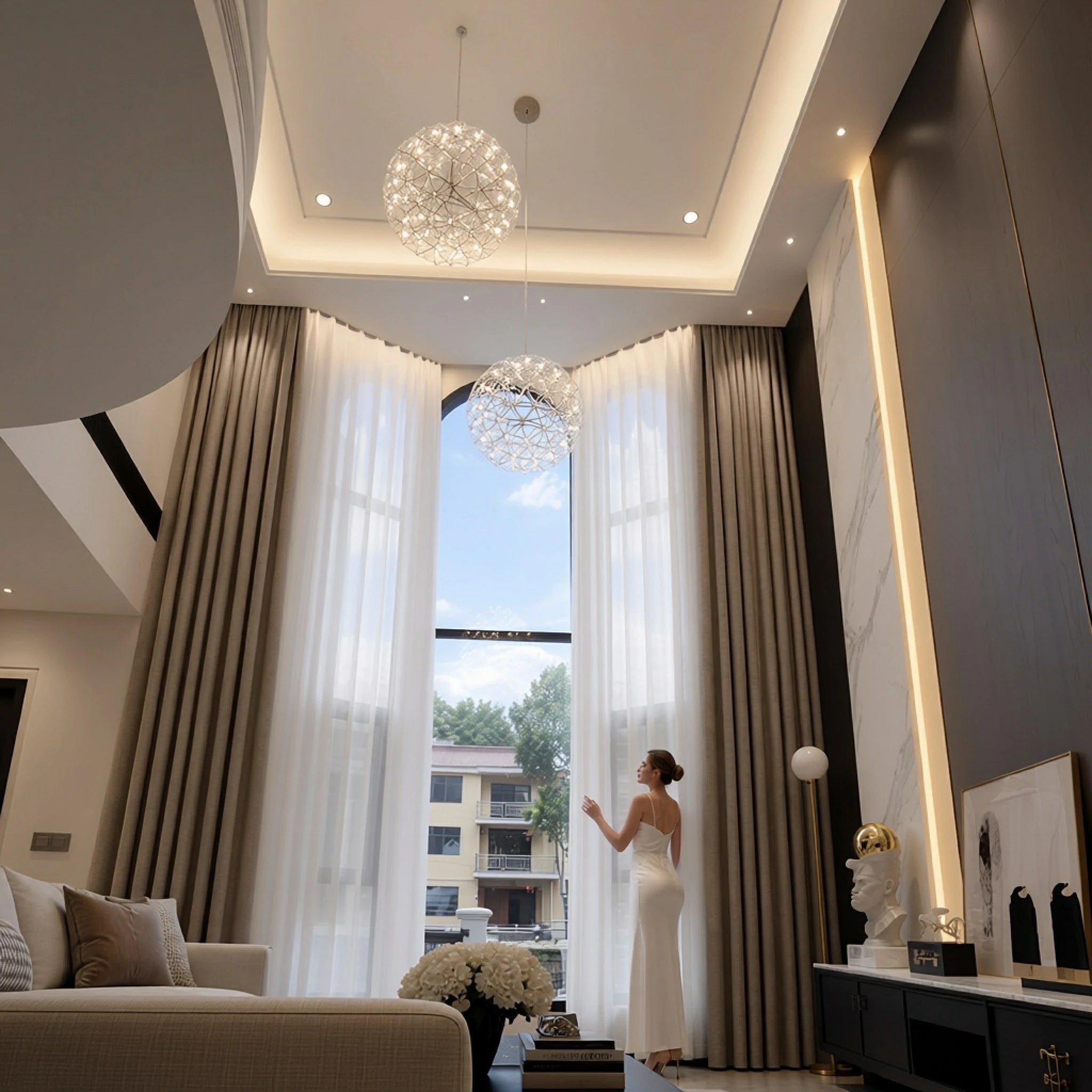 Tall coffee Alex blackout curtains beneath crystal globe lights in a modern interior