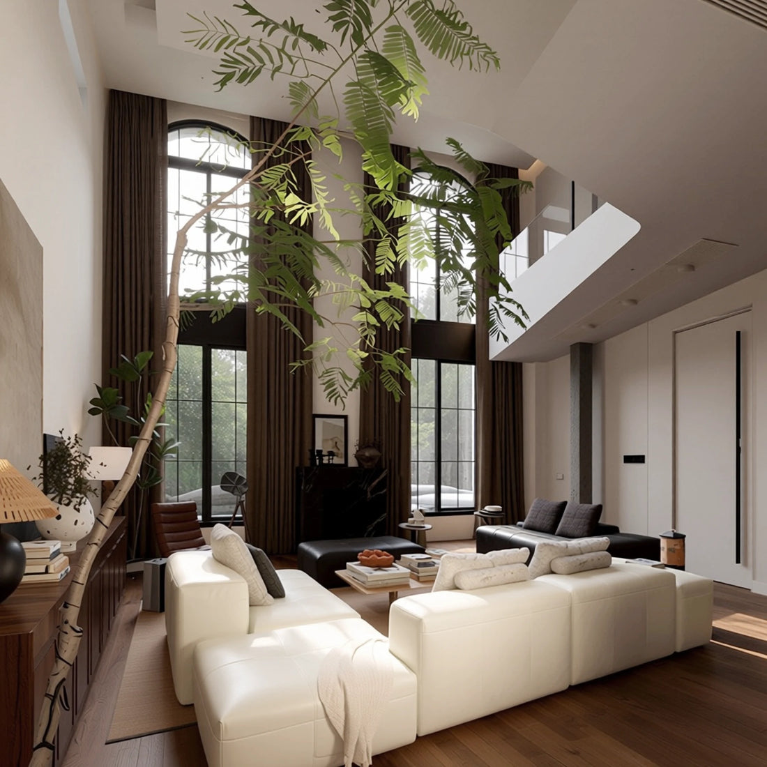 Dark coffee Alex extra-long blackout curtains in a high-ceiling modern living room
