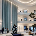 Wide modern atrium with extra-long light green Alex blackout curtain panels