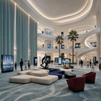 Extra-long light green Alex blackout curtains lining a grand modern atrium