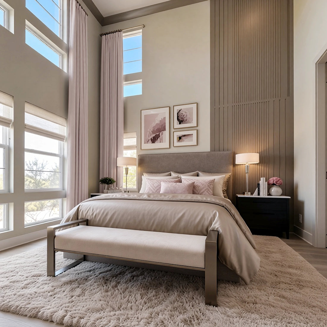 High-ceiling bedroom with extra-long light pink Alex blackout curtain panels