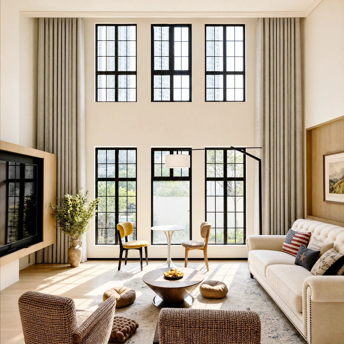 Off-white Alex extra-long blackout curtains framing a bright double-height living room