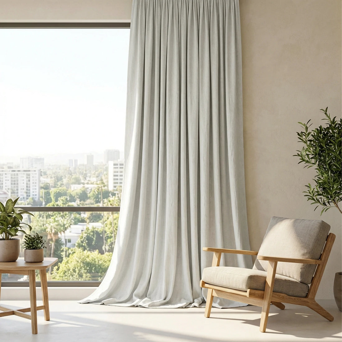 Extra-long off-white Alex curtain panel by a sunny window and wood armchair