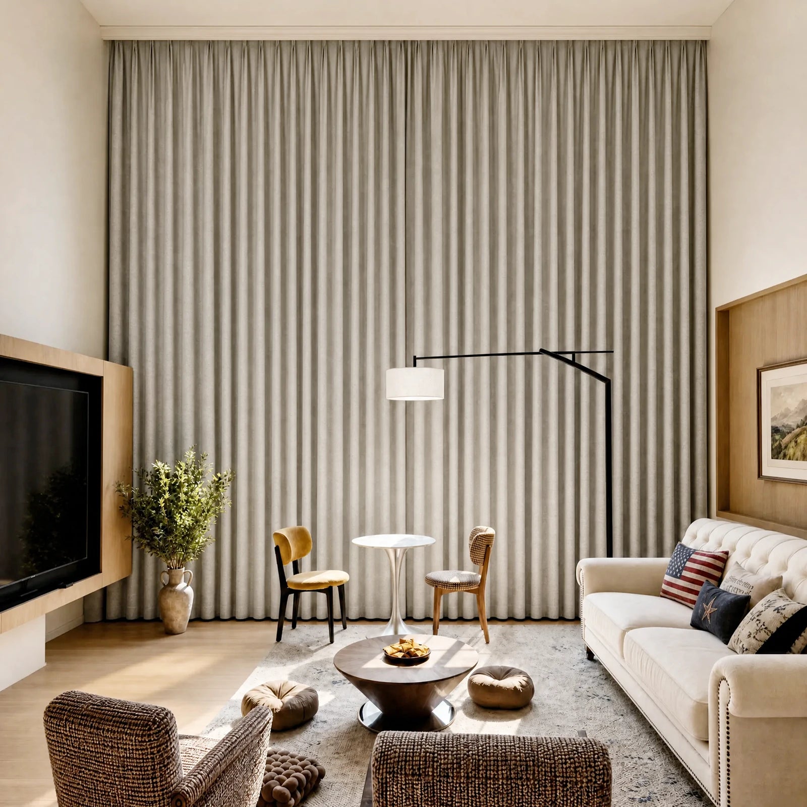 Fully closed off-white Alex curtains covering a tall living room window wall